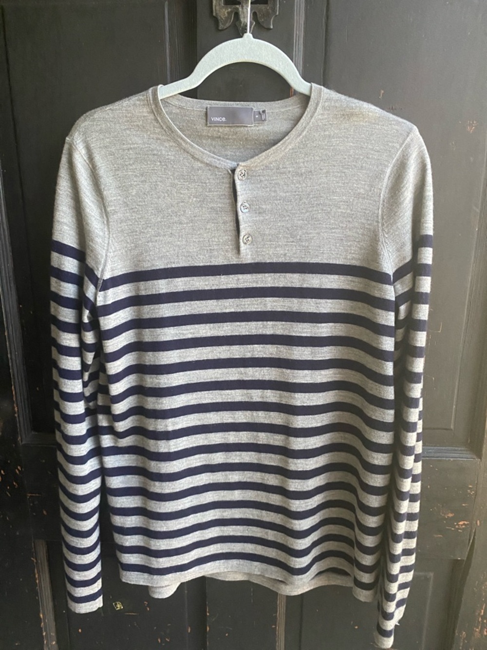 Vince Gray & Navy Striped Henley Sweater